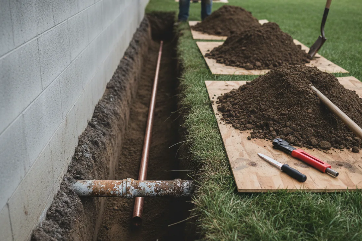 Excavated water line trench during Water Heater Repair in Lake Lynn